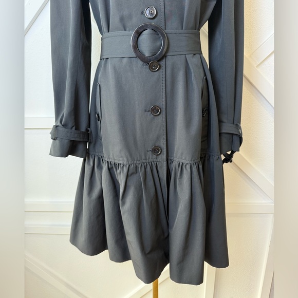 Per Se Black Ruffle Hem Trench Coat Dress Belted Double Breasted Size 6 - Picture 4 of 11
